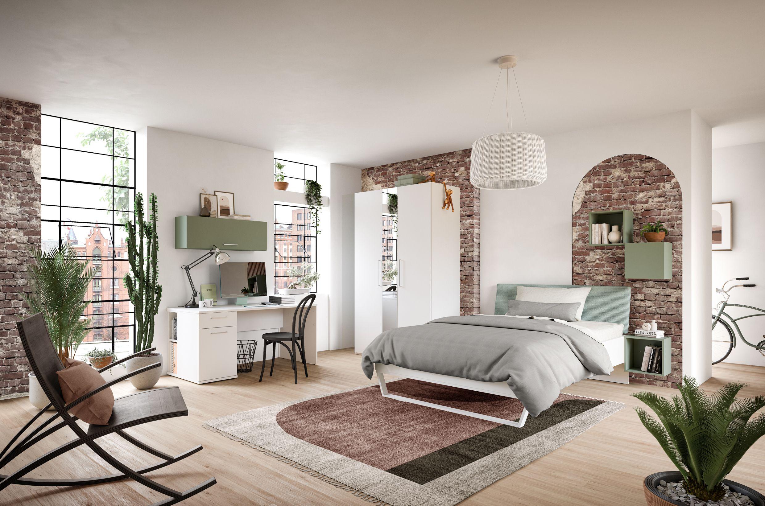Modernes Jugendzimmer im Industrial-Stil mit Ziegelwänden, Schreibtisch, Bett mit Polsterkopfteil, weißen Schränken und grünen Akzenten.