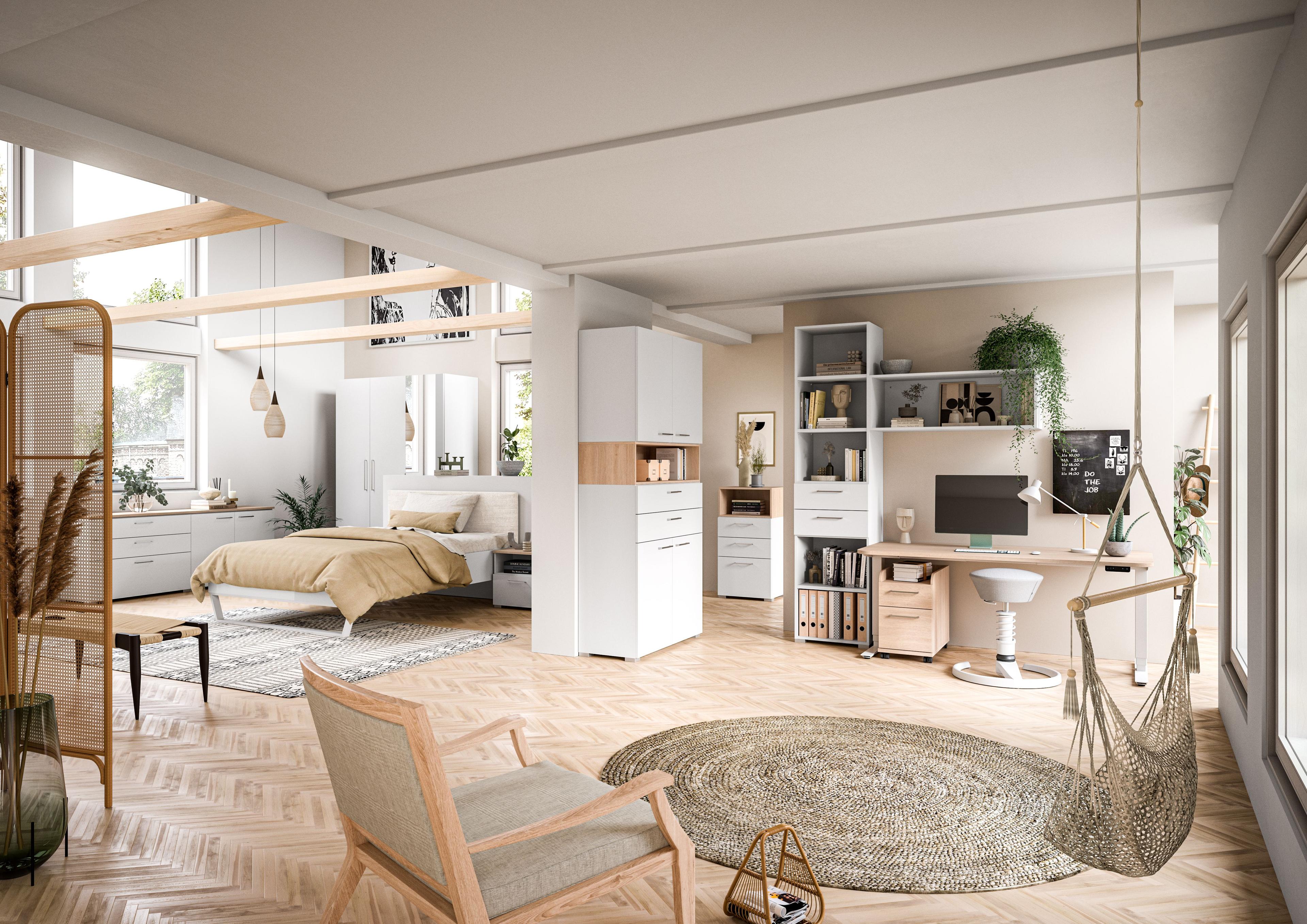 Offen gestaltetes Jugendzimmer mit Schlafbereich, Arbeitsplatz und Leseecke – in natürlichem Look mit weißen Möbeln, Holzakzenten und gemütlichem Hängesessel.