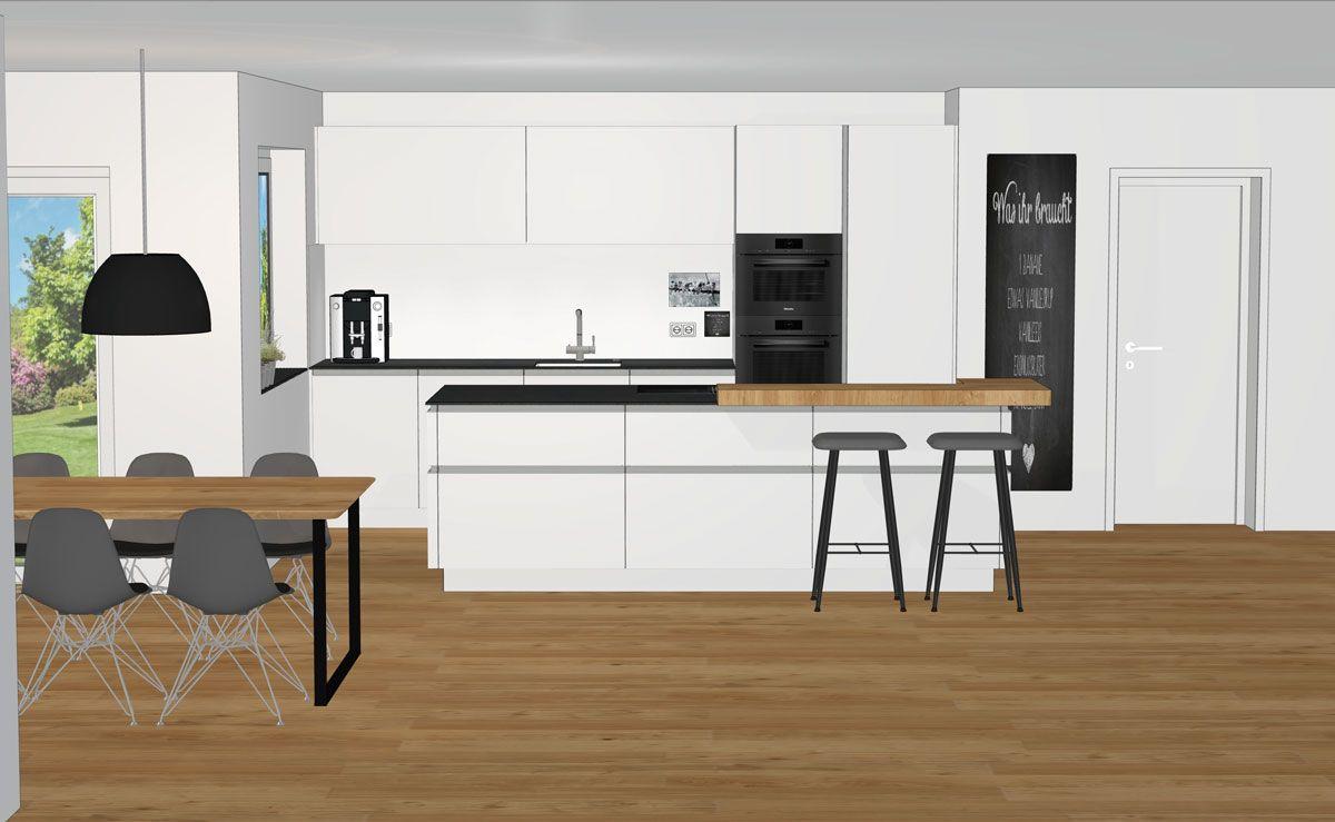 3D-Visualisierung einer modernen offenen Küche in Weiß mit Kochinsel, Holzboden und anschließendem Essbereich mit Holztisch.