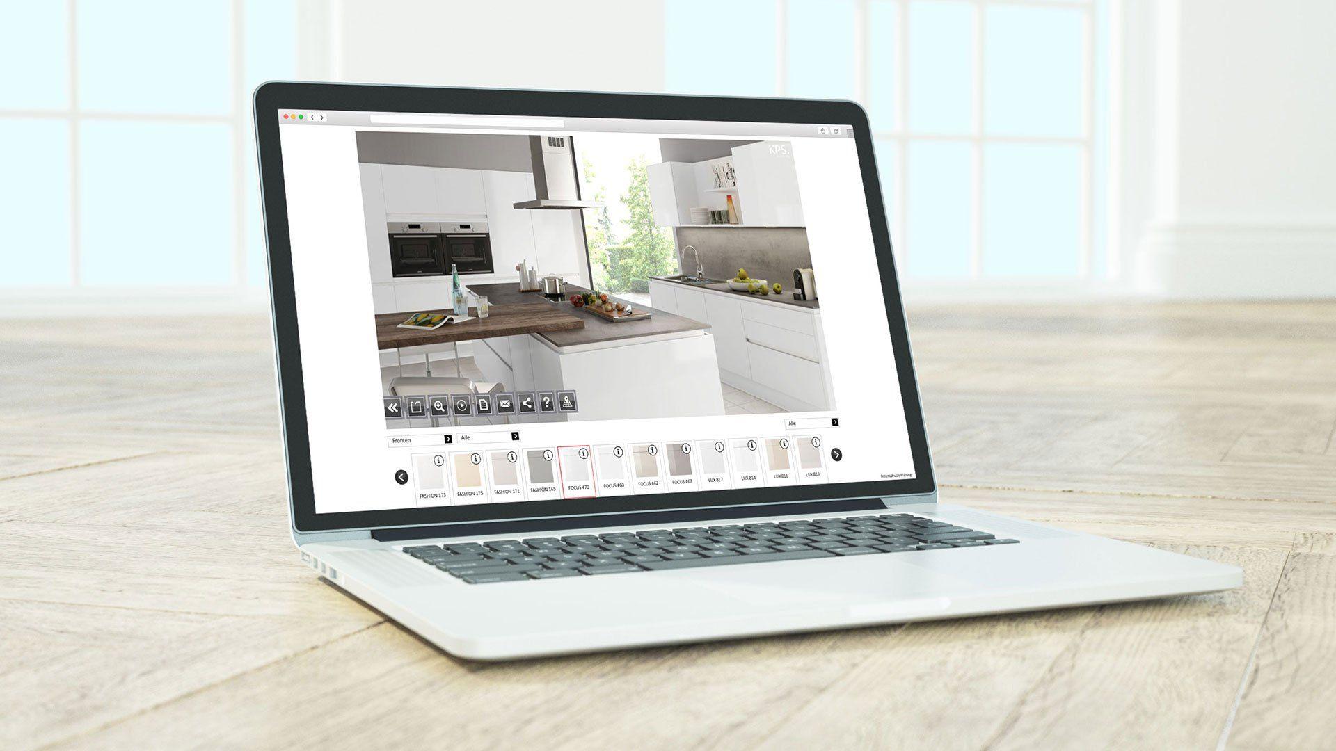 Online-Küchenplaner auf Laptop mit 3D-Küchenvisualisierung - kostenlose Küchenplanung bei Möbel Grell